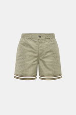 Frontansicht der Ché Badeshorts 'Lucena' grün/braun gemustert mit ornamentalem Print, elastischem Bund, Reißverschluss, französischen Taschen und Mesh-Innenfutter.