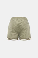 Rückansicht der Ché Badeshorts 'Lucena' grün/braun gemustert mit ornamentalem Print, elastischem Bund, Mesh-Innenfutter.