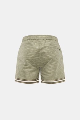 Rückansicht der Ché Badeshorts 'Lucena' grün/braun gemustert mit ornamentalem Print, elastischem Bund, Mesh-Innenfutter.