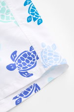 Vilebrequin Badeshorts 'Moorea' weiß/mint/blau gemustert, Nahaufnahme von blauen Schildkröten auf weißem, leicht glänzendem Microfaserstoff, Detailansicht der Naht, schnell trocknend, Regular Fit, elastischer Bund, Mesh-Innenfutter.