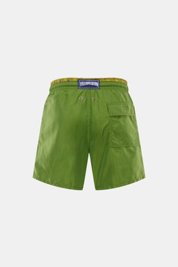 Vilebrequin Badeshorts 'Moka' oliv, Rückansicht, Regular Fit, Microfaser, elastischer Bund, Tasche mit Klettverschluss, Entwässerungsösen, Turtle-Stitching.