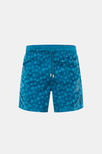 Vorderansicht der Vilebrequin Badeshorts 'Moorea Magic' petrol aus hochwertiger, wasserreaktiver Microfaser mit elastischem Bund, Tunnelzug, Taschen und Mesh-Futter.