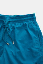 Vilebrequin Badeshorts 'Moorea Magic' petrol, Nahaufnahme von Bund und Tunnelzug, wasserreaktive Microfaser, Regular Fit, Mesh-Innenfutter.