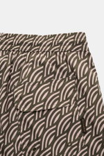 Moorer Swim shorts dark green/antique pink patterned shown from the back, featuring elasticated waistband with drawstring, quick-drying microfibre, smooth feel, regular fit, small key pocket inside, side seam pockets, back pocket with flap, and smooth lin