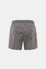 Moorer Swim shorts dark brown/smoky blue patterned shown from the back, featuring quick-drying microfibre, smooth feel, regular fit, elasticated waistband with drawstring, small key pocket inside, pockets in the side seam, back pocket with flap, and smoot