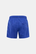 Back view of Moorer Swim shorts 'Portofino' dark blue, quick-drying microfibre, smooth feel, regular fit, elasticated waistband with drawstring, small key pocket inside, side seam pockets, back pocket with flap, smooth lining.