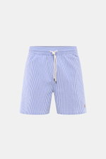 Polo Ralph Lauren Swim shorts 'Traveler' blue/white striped shown from front, featuring elastic waistband with drawstring. Stylish confidence for your travels: These POLO RALPH LAUREN swim shorts are the perfect companion for your next holiday in the sun.