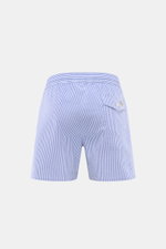Polo Ralph Lauren Swim shorts 'Traveler' blue/white striped shown from the back, featuring elasticated waistband, side pockets, back pocket with button flap, classic striped pattern, seersucker cotton and microfiber fabric, regular fit, signature logo sti