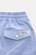 Rear close-up of Polo Ralph Lauren Swim shorts 'Traveler' blue/white striped showing elasticated waistband, back pocket with button flap, and logo patch.

<p>Stylish confidence for your travels: These POLO RALPH LAUREN swim shorts are the perfect companio