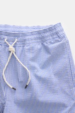 Close-up front view of Polo Ralph Lauren Swim shorts 'Traveler' blue/white striped, featuring elasticated waistband with drawstring.

<p>Stylish confidence for your travels: These POLO RALPH LAUREN swim shorts are the perfect companion for your next holid