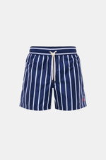 Front view of Polo Ralph Lauren Swim shorts 'Traveler' navy/white striped with elasticated waistband and drawstring.

<p>Stylish confidence for your travels: These POLO RALPH LAUREN swim shorts are the perfect companion for your next holiday in the sun.</