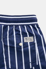 Close-up rear view of Polo Ralph Lauren Swim shorts 'Traveler' navy/white striped with elasticated waistband and back pocket with button flap.

<p>Stylish confidence for your travels: These POLO RALPH LAUREN swim shorts are the perfect companion for your 