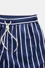 Close-up front view of Polo Ralph Lauren Swim shorts 'Traveler' navy/white striped with elastic waistband and drawstring.

<p>Stylish confidence for your travels: These POLO RALPH LAUREN swim shorts are the perfect companion for your next holiday in the s
