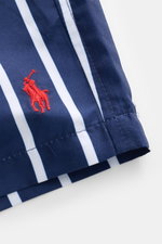 Close-up side view of Polo Ralph Lauren Swim shorts 'Traveler' navy/white striped with red logo embroidery on high-quality microfiber fabric.

<p>Stylish confidence for your travels: These POLO RALPH LAUREN swim shorts are the perfect companion for your n