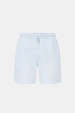 Front view of 04651/ A trip in a bag Swim shorts 'Mono Seersucker' pastel blue with elastic waistband and drawstring, seersucker texture.

Description: Perfect for your next summer holiday: With their design in seersucker look, these swim shorts by 04651/
