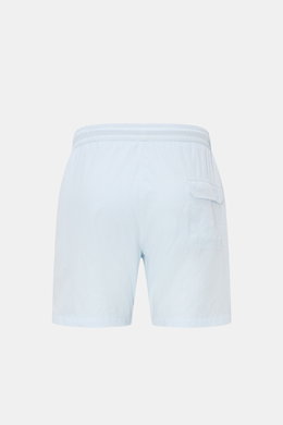 Rear view of 04651/ A trip in a bag Swim shorts 'Mono Seersucker' pastel blue with elastic waistband, back pocket with flap, and seersucker texture

Description: <p>Perfect for your next summer holiday: With their design in seersucker look, these swim sho