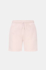 Front view of 04651/ A trip in a bag Swim shorts 'Mono Seersucker' rose in light pink seersucker fabric, elastic waistband with drawstring. Perfect for your next summer holiday: With their design in seersucker look, these swim shorts by 04651/ A TRIP IN A