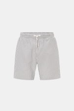 Front view of 04651/ A trip in a bag Swim shorts navy/white striped with elasticated waistband, drawstring, and side pockets, perfect for summer.

Description: <p>Perfect for your next summer holiday: With their modern striped pattern, these swim shorts b