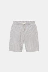 Front view of 04651/ A trip in a bag Swim shorts navy/white striped with elasticated waistband, drawstring, and side pockets, perfect for summer.

Description: <p>Perfect for your next summer holiday: With their modern striped pattern, these swim shorts b