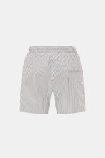 Rear view of 04651/ A trip in a bag Swim shorts navy/white striped featuring elasticated waistband, back pocket with flap, side vents, and seersucker fabric. 

<p>Perfect for your next summer holiday: With their modern striped pattern, these swim shorts b