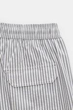 Close-up rear view of 04651/ A trip in a bag Swim shorts navy/white striped showing elastic waistband and back pocket with flap.

<p>Perfect for your next summer holiday: With their modern striped pattern, these swim shorts by 04651/ A TRIP IN A BAG are a