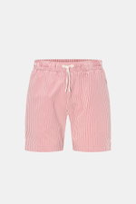 Front view of 04651/ A trip in a bag Swim shorts rose/burgundy striped with modern vertical stripes, elastic waistband, and drawstring.

Description: <p>Perfect for your next summer holiday: With their modern striped pattern, these swim shorts by 04651/ A