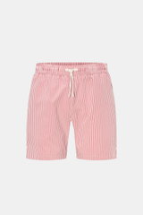 Front view of 04651/ A trip in a bag Swim shorts rose/burgundy striped with modern vertical stripes, elastic waistband, and drawstring.

Description: <p>Perfect for your next summer holiday: With their modern striped pattern, these swim shorts by 04651/ A