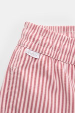 Close-up front-side view of 04651/ A trip in a bag Swim shorts rose/burgundy striped with elastic waistband and vertical stripes.

Perfect for your next summer holiday: With their modern striped pattern, these swim shorts by 04651/ A TRIP IN A BAG are an 