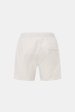 Rear view of 04651/ A trip in a bag Swim shorts light grey/white striped with elasticated waistband, side pockets, back pocket with flap, and side vents, made of seersucker cotton and microfiber, featuring a modern striped pattern and mesh lining, perfect