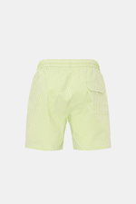 Rear view of 04651/ A trip in a bag Swim shorts pastel green/white striped with elastic waistband, side and back pockets, and seersucker fabric.

Description: <p>Perfect for your next summer holiday: With their modern striped pattern, these swim shorts by