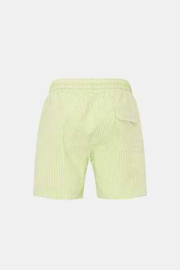 Rear view of 04651/ A trip in a bag Swim shorts pastel green/white striped with elastic waistband, side and back pockets, and seersucker fabric.

Description: <p>Perfect for your next summer holiday: With their modern striped pattern, these swim shorts by