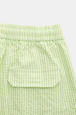 Close-up rear view of 04651/ A trip in a bag Swim shorts pastel green/white striped showing elastic waistband and back pocket.

<p>Perfect for your next summer holiday: With their modern striped pattern, these swim shorts by 04651/ A TRIP IN A BAG are an 