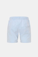 Rear view of 04651/ A trip in a bag Swim shorts blue/white striped with elastic waistband, side pockets, back pocket with flap, and side vents.

<p>Perfect for your next summer holiday: With their modern striped pattern, these swim shorts by 04651/ A TRIP