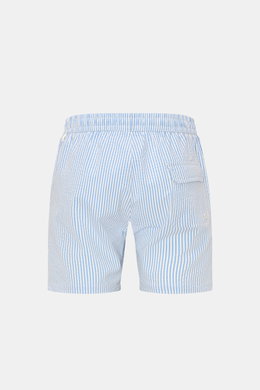 Rear view of 04651/ A trip in a bag Swim shorts blue/white striped with elastic waistband, side pockets, back pocket with flap, and side vents.

<p>Perfect for your next summer holiday: With their modern striped pattern, these swim shorts by 04651/ A TRIP