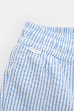 Close-up front view of 04651/ A trip in a bag Swim shorts blue/white striped with elastic waistband and vertical stripes.

Description: <p>Perfect for your next summer holiday: With their modern striped pattern, these swim shorts by 04651/ A TRIP IN A BAG