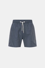 Frontansicht der 04651/ A trip in a bag Badeshorts 'Hansen' navy/weiß gemustert mit Allover-Print, elastischem Bund, Tunnelzug und seitlichen Saumschlitzen, aus leichter Microfaser.