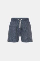 Frontansicht der 04651/ A trip in a bag Badeshorts 'Hansen' navy/weiß gemustert mit Allover-Print, elastischem Bund, Tunnelzug und seitlichen Saumschlitzen, aus leichter Microfaser.