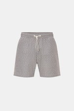 04651/ A trip in a bag Badeshorts 'Hansen' beige/navy gemustert, Frontansicht, Regular Fit, elastischer Bund, Allover-Print, Mesh-Futter, Taschen.