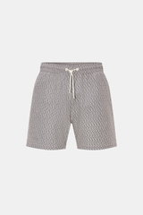 04651/ A trip in a bag Badeshorts 'Hansen' beige/navy gemustert, Frontansicht, Regular Fit, elastischer Bund, Allover-Print, Mesh-Futter, Taschen.