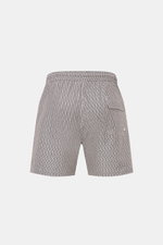 Rückansicht der 04651/ A trip in a bag Badeshorts 'Hansen' beige/navy gemustert mit elastischem Bund, seitlichen Taschen und Mesh-Innenfutter.