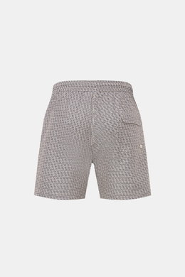 Rückansicht der 04651/ A trip in a bag Badeshorts 'Hansen' beige/navy gemustert mit elastischem Bund, seitlichen Taschen und Mesh-Innenfutter.