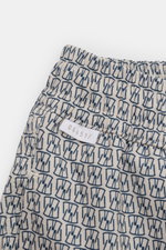 Beige/navy gemusterte 04651/ A trip in a bag Badeshorts "Hansen" aus leichter Microfaser, elastischer Bund, Seiten- und Gesäßtasche, Detailfoto von oben.