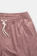 04651/ A trip in a bag Badeshorts 'Hansen' taupe/rot gemustert, Frontansicht, elastischer Bund mit Tunnelzug, Taschen, leichter Microfaserstoff.