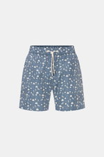 Frontansicht der 04651/ A trip in a bag Badeshorts 'Seaside' rauchblau/creme gemustert mit elastischem Bund, Tunnelzug, Taschen und Mesh-Innenfutter.