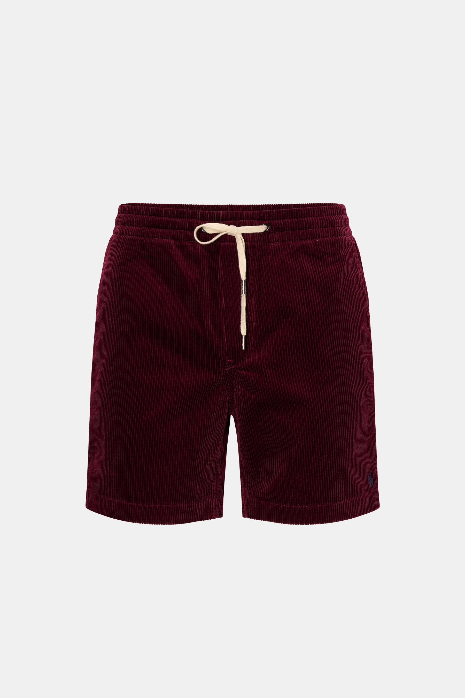 Polo Ralph Lauren Cord-Shorts bordeaux in Frontansicht aus reiner Baumwolle mit elastischem Bund, Tunnelzug, französischen Taschen und Logo-Stickerei.