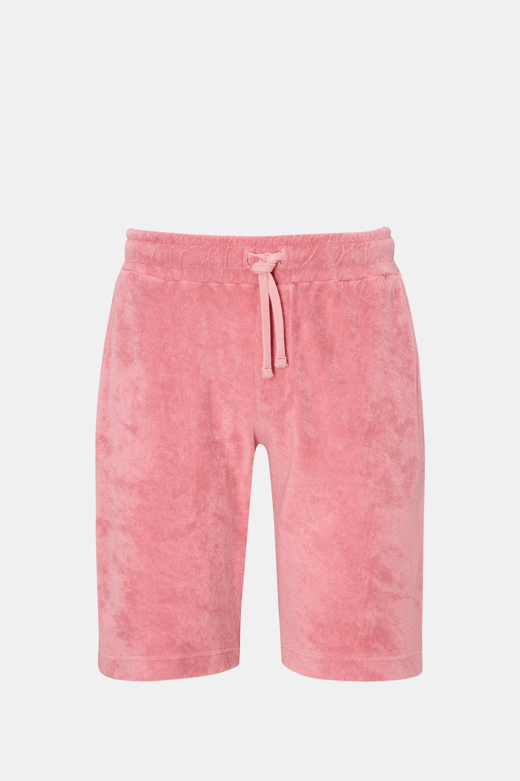 Frontansicht der 04651/ A trip in a bag Frottee-Shorts 'Terry' rosé, weich aus Baumwoll-Frottee mit elastischem Bund und Tunnelzug.
