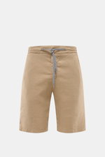 Marco Pescarolo Bermudas 'Cenito' beige aus elastischem Leinen-Lyocell-Mix, frontale Ansicht mit Tunnelzug, Reißverschluss und Taschen.