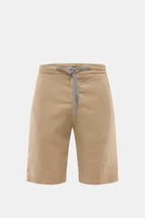 Marco Pescarolo Bermudas 'Cenito' beige aus elastischem Leinen-Lyocell-Mix, frontale Ansicht mit Tunnelzug, Reißverschluss und Taschen.