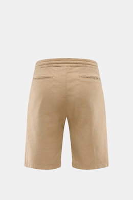 Marco Pescarolo Bermudas 'Cenito' beige, Rückansicht, leichte Leinen-Lyocell-Qualität, elastischer Bund mit Tunnelzug, Reißverschluss-Taschen.
