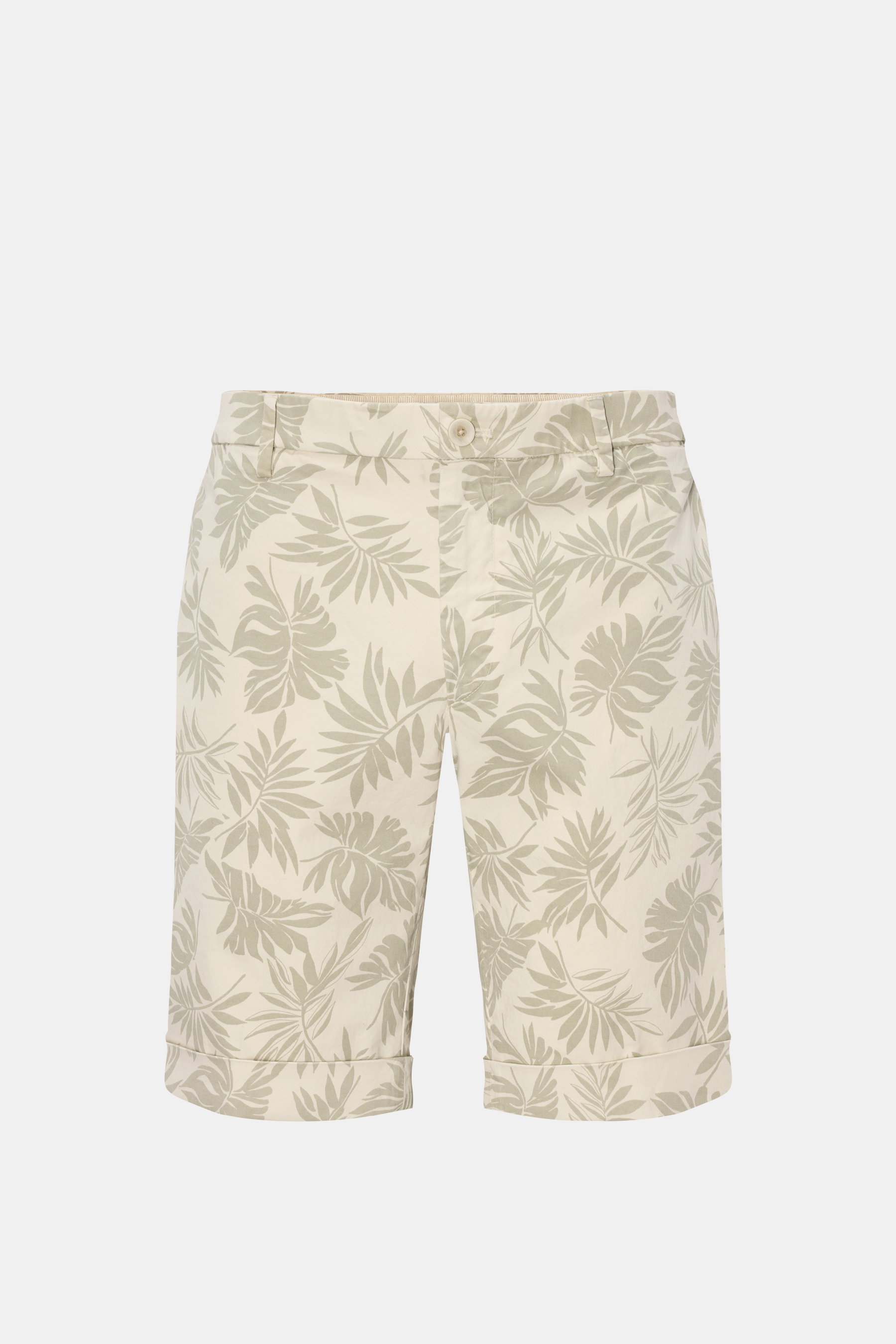 GTA Shorts 'Davide' creme/graugrün gemustert, frontale Nahaufnahme, elastischer Bund, Reißverschluss, floraler All-Over-Print, Baumwoll-Twill.
